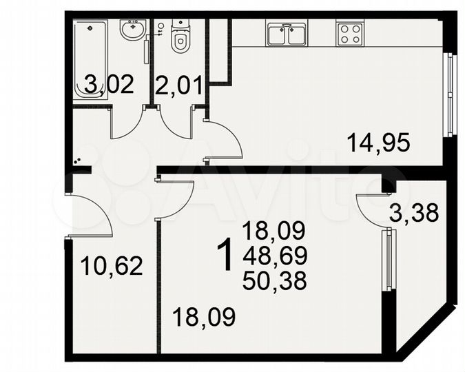 1-к. квартира, 50,4 м², 8/17 эт.