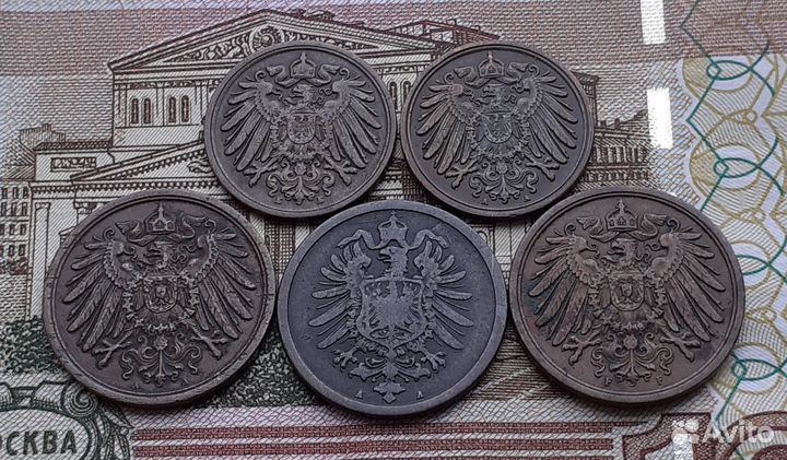 Монеты 5 штук - 1 и 2 пфенинга оригинал