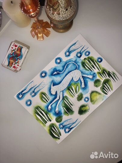 Акварель «Чёртик в окружении звезд»