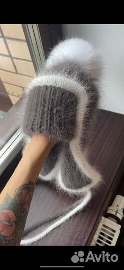 Шапка ушанка ангора вязаная ручная работа