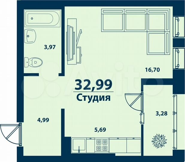 Квартира-студия, 33 м², 8/9 эт.