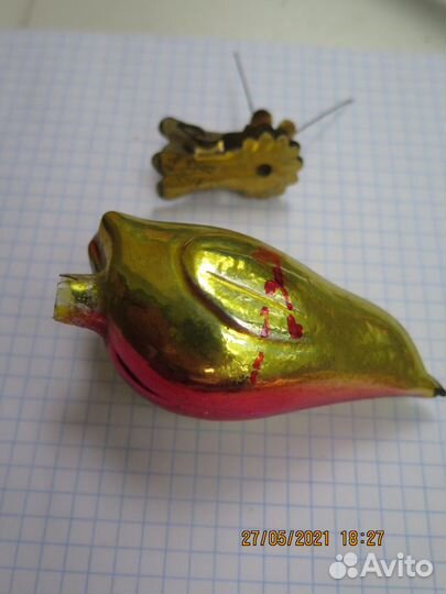 Елочная игрушка. Снегирь. Прищепка. СССР. Стекло