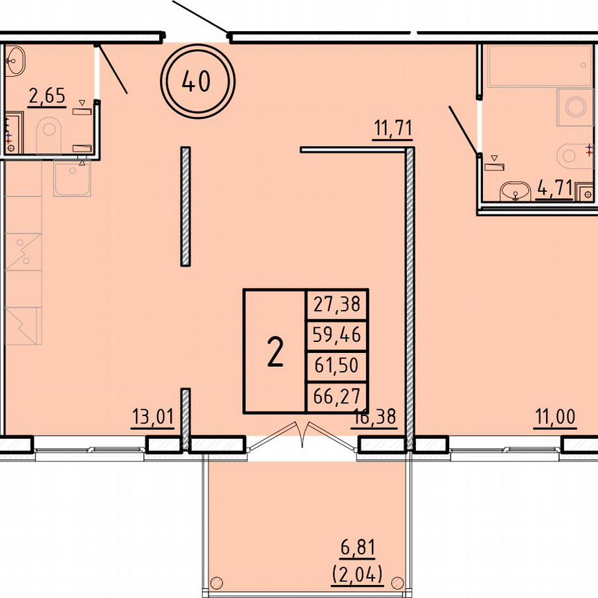 2-к. квартира, 59,5 м², 1/4 эт.