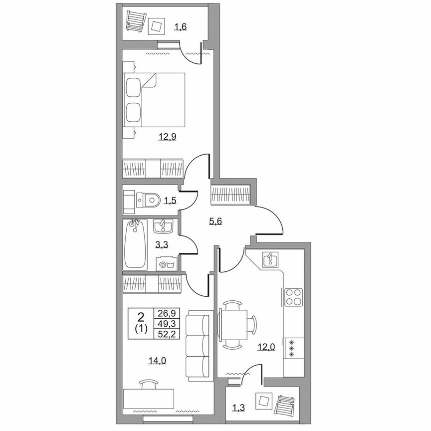 2-к. квартира, 52,2 м², 4/8 эт.