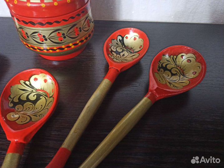 Сахарница и ложки, деревянные, расписные