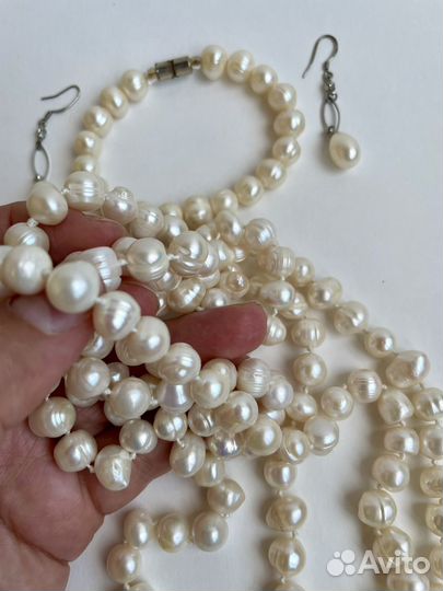 Бусы браслет и серьги из натурального жемчуга