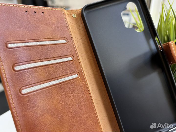 Чехол книжка Samsung A13 премиум кожа коричневый