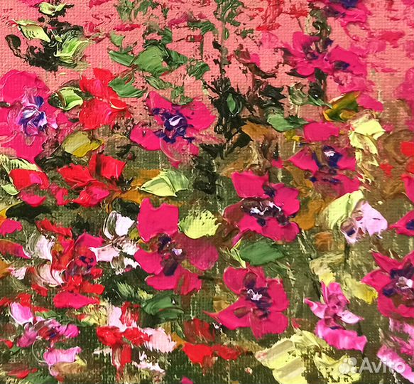 Картина маслом Летний пейзаж с мальвами