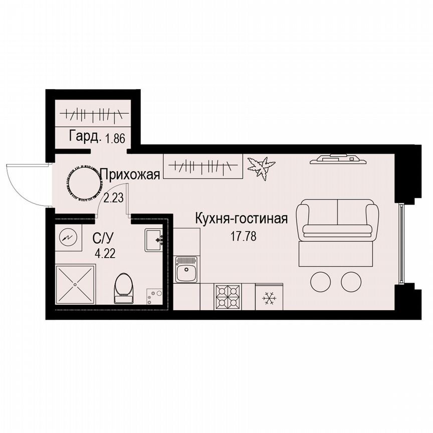 Квартира-студия, 26,1 м², 2/6 эт.