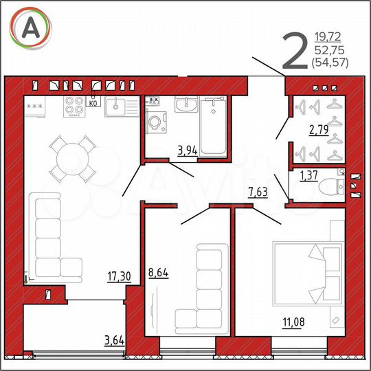 2-к. квартира, 54,6 м², 9/9 эт.