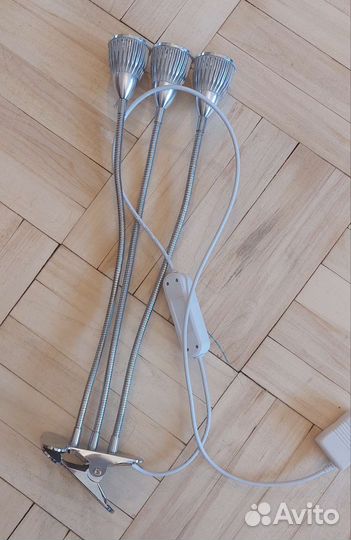 Фито лампа тройная на гибкой ножке на прищепке