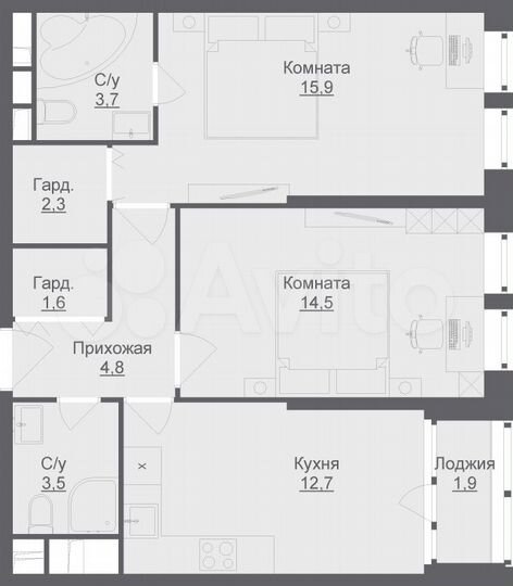 2-к. квартира, 59,9 м², 12/17 эт.