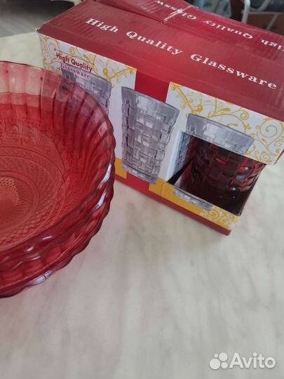 Комплект Бокалы 6шт и Салатники 3шт красное стекло