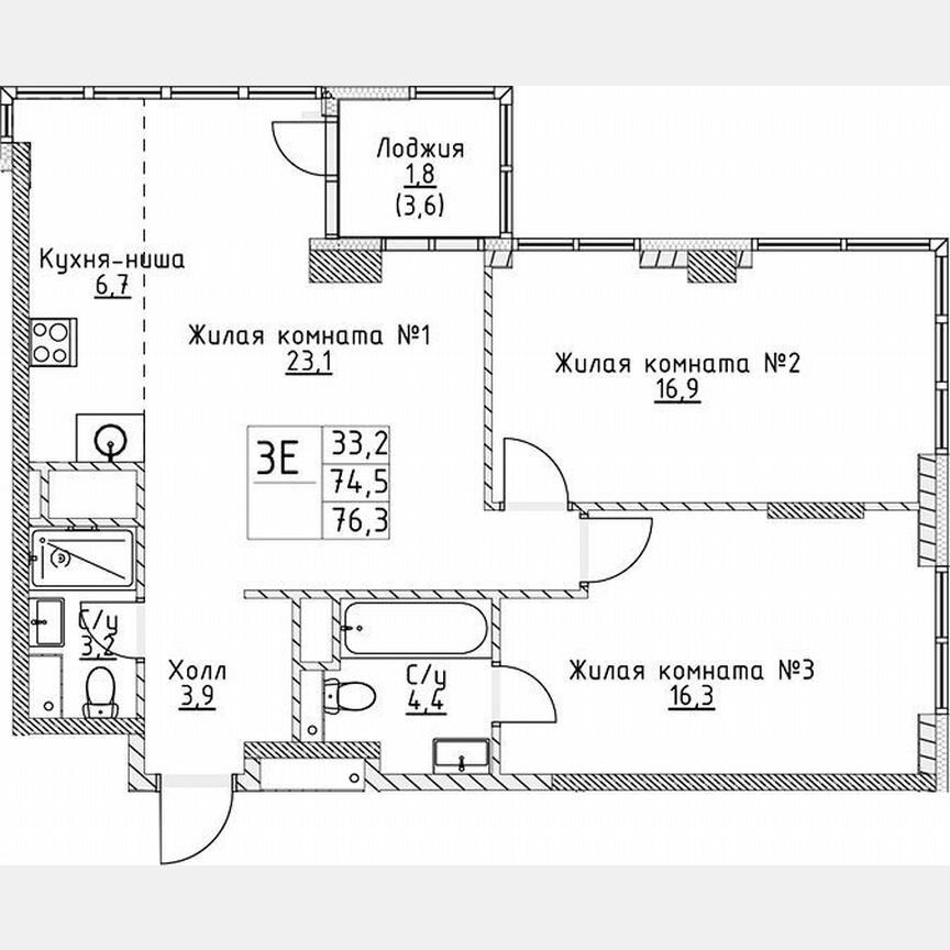 2-к. квартира, 74,5 м², 13/19 эт.