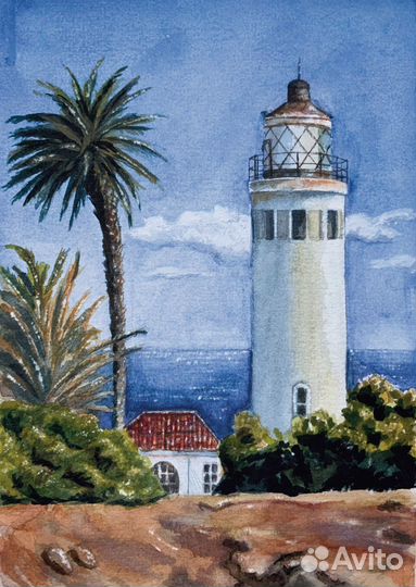 Авторская картина акварелью маяк море А5