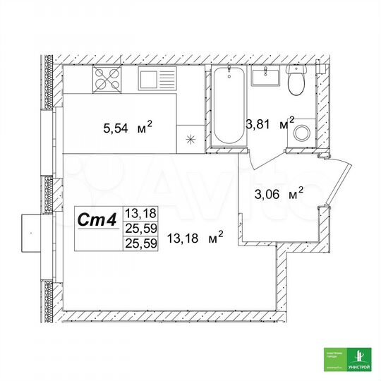 Квартира-студия, 25,6 м², 3/9 эт.