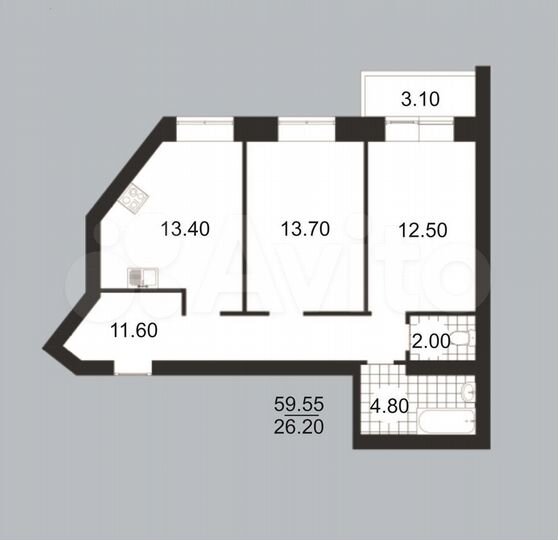 2-к. квартира, 59,6 м², 3/5 эт.