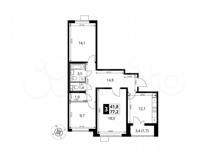 3-к. квартира, 77,2 м², 5/25 эт.