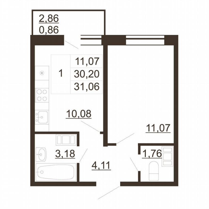 1-к. квартира, 31,1 м², 5/6 эт.
