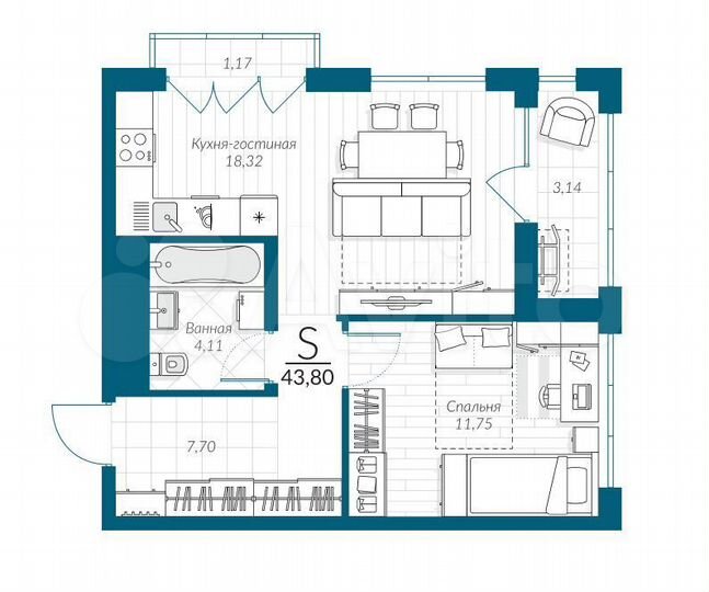 1-к. квартира, 43,8 м², 22/25 эт.