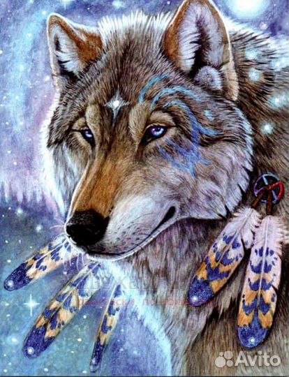 Картина по номерам 40x50 Мудрый волк с совиными кр