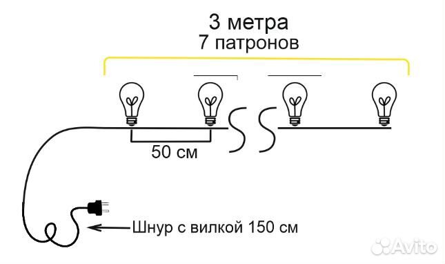 Ретро гирлянда, 3м, без ламп,Е27,черная