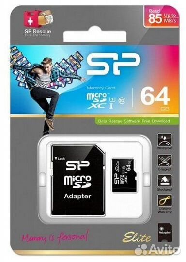 Карта памяти microsdxc Silicon Power 64Gb class 10 Elite UHS-I 100MB/s SP064gbstxbu1V10SP, 1шт