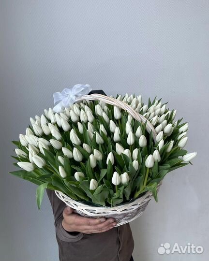 Тюльпаны в корзине/ 201 тюльпан,101,51/Доставка