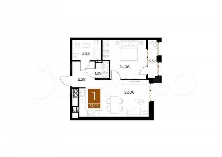 1-к. квартира, 52 м², 5/8 эт.