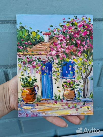 Картина маслом дом пейзаж город цветы бугенвиллия