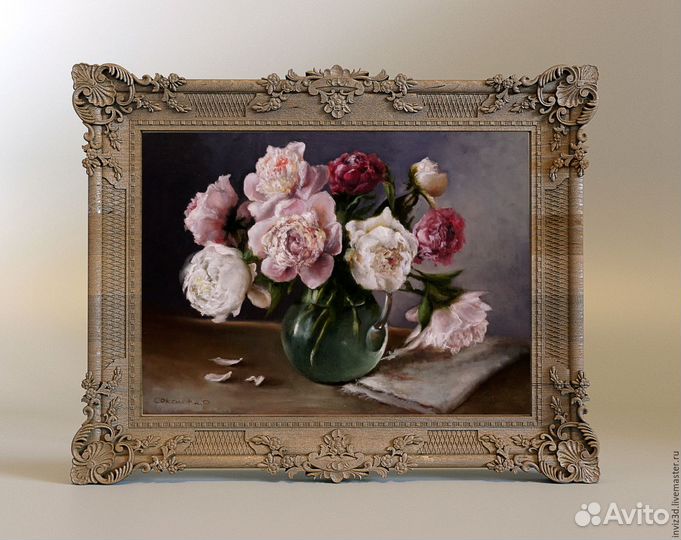 Картина маслом на холсте Пионы в вазе на заказ