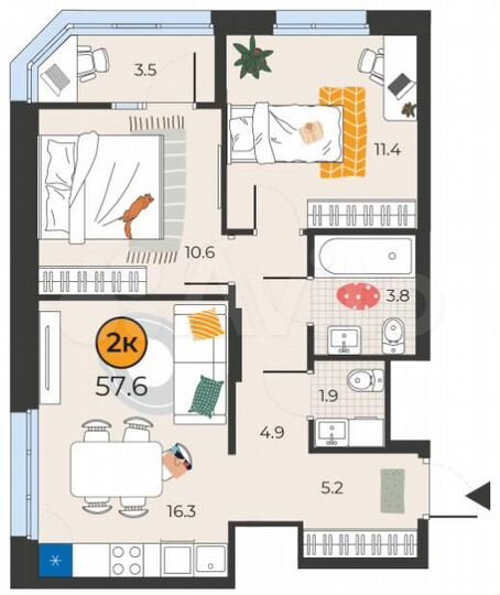 2-к. квартира, 57,6 м², 21/25 эт.