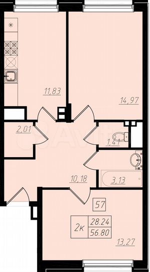 2-к. квартира, 56,8 м², 2/4 эт.