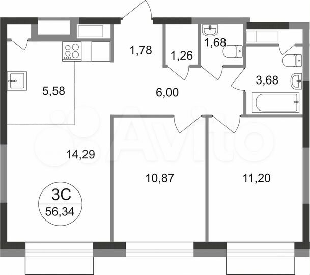 3-к. квартира, 56,3 м², 10/22 эт.