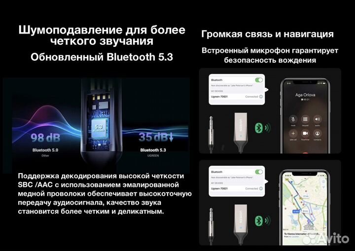 Bluetooth 5.3 usb aux адаптер Ugreen автомобильный