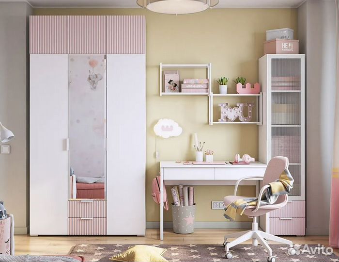 Детская Зефир К1 белое дерево / белый муар / пудра