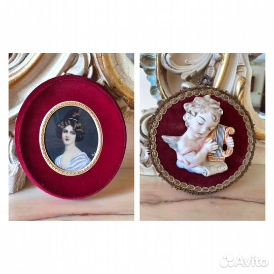 Старинное панно ангел/путти на бархате портрет