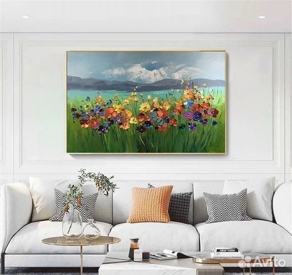 Текстурная картина маслом на холсте Горы и цветы