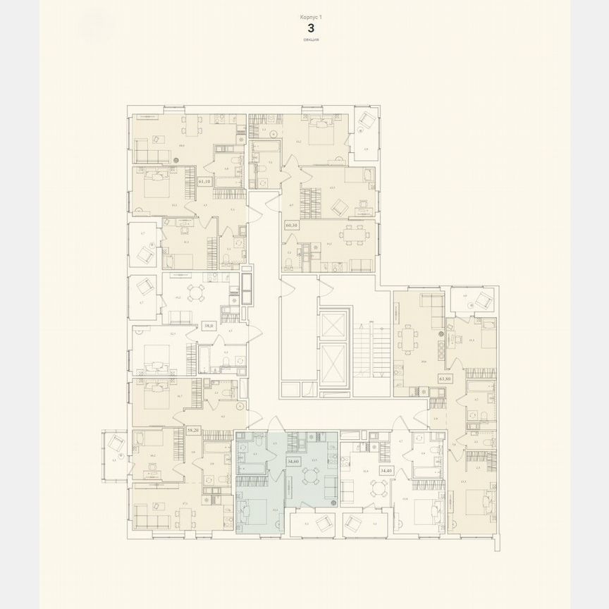 2-к. квартира, 61,1 м², 12/12 эт.
