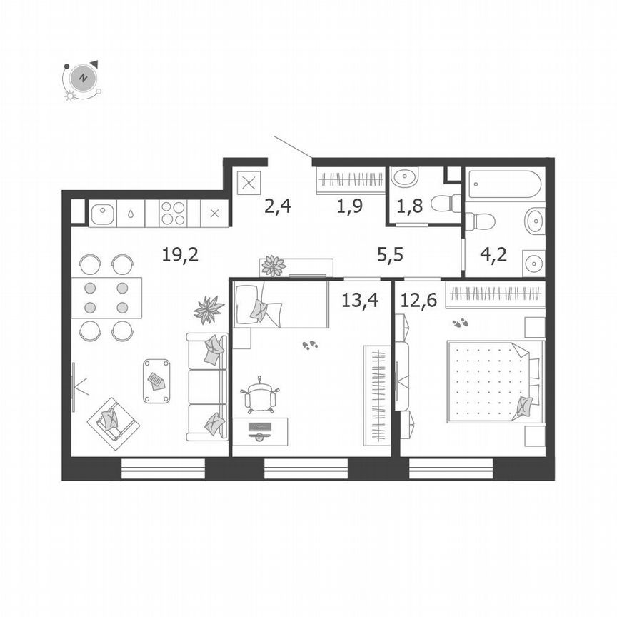 2-к. квартира, 61 м², 6/19 эт.