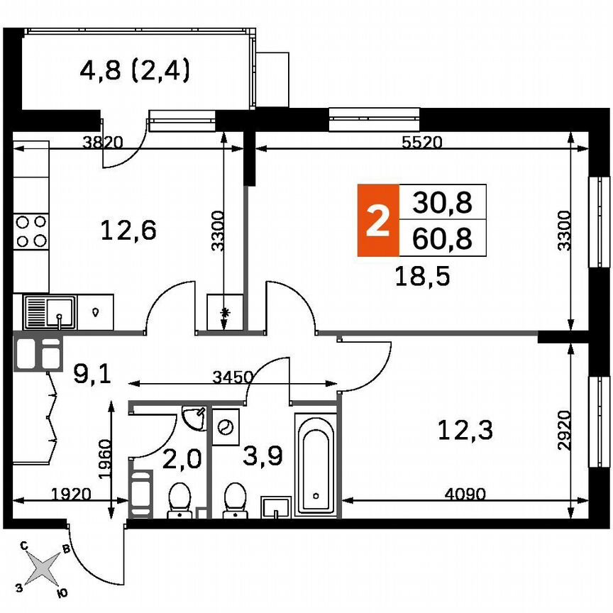 2-к. квартира, 58,4 м², 20/22 эт.