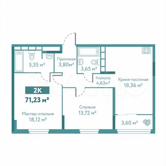 2-к. квартира, 71,2 м², 3/10 эт.