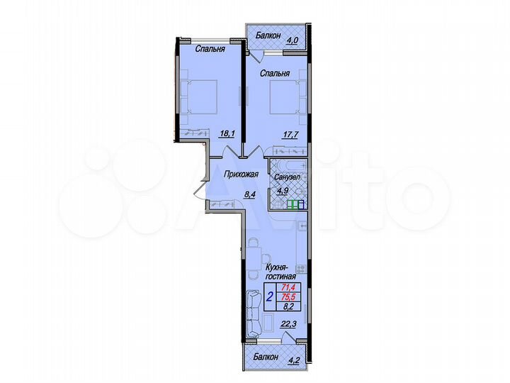 2-к. квартира, 71,4 м², 8/8 эт.