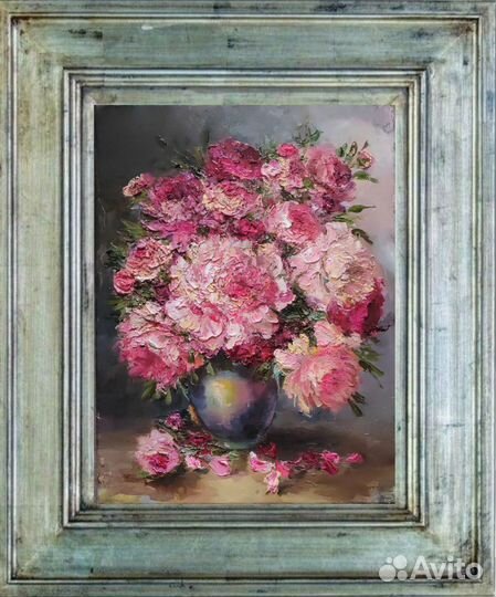 Цветочки Розы Пионы картина маслом 40х30см