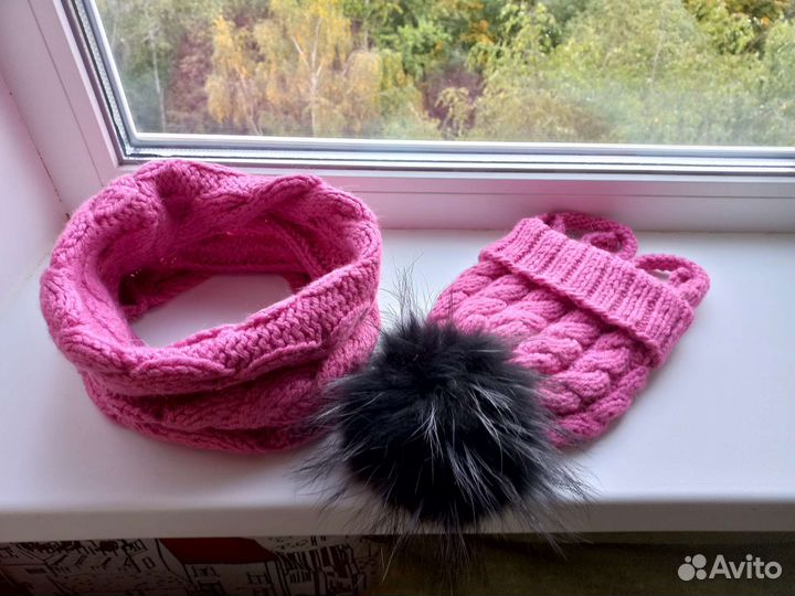 Детская вязаная шапка с помпоном, снуд