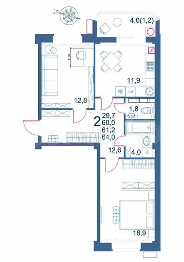 2-к. квартира, 64 м², 5/9 эт.
