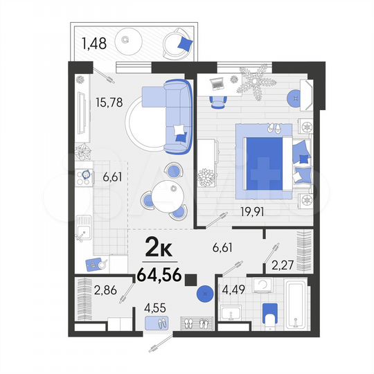 2-к. квартира, 64,6 м², 4/5 эт.