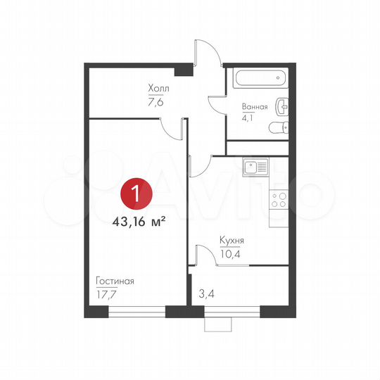 1-к. квартира, 43,2 м², 4/19 эт.