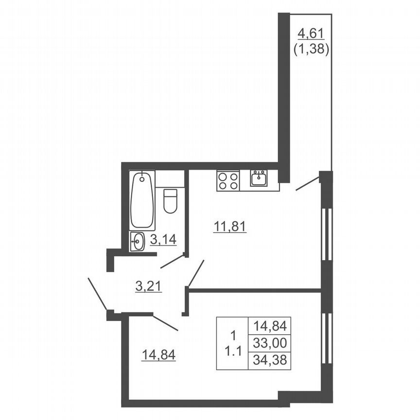1-к. квартира, 34,4 м², 13/16 эт.