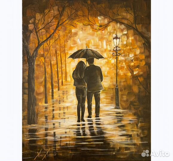 Картина Пара влюбленных под зонтом в осеннем парке